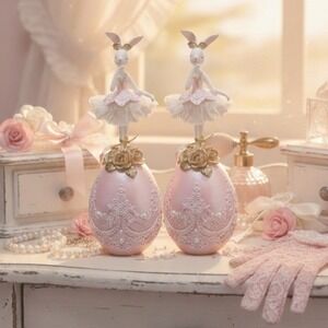 Bella Lux Bunny Ballerina on Pink Lace Easter Egg Figurine Set of 2 Coquette NEW